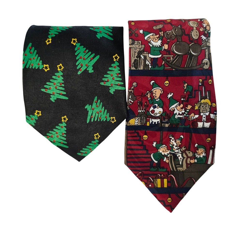 Addiction Jingle Bells Necktie Men OS Multi Christmas Trees Elves Workshop Lot 2